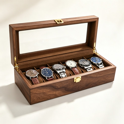 Wooden watch box slots glass - watch,